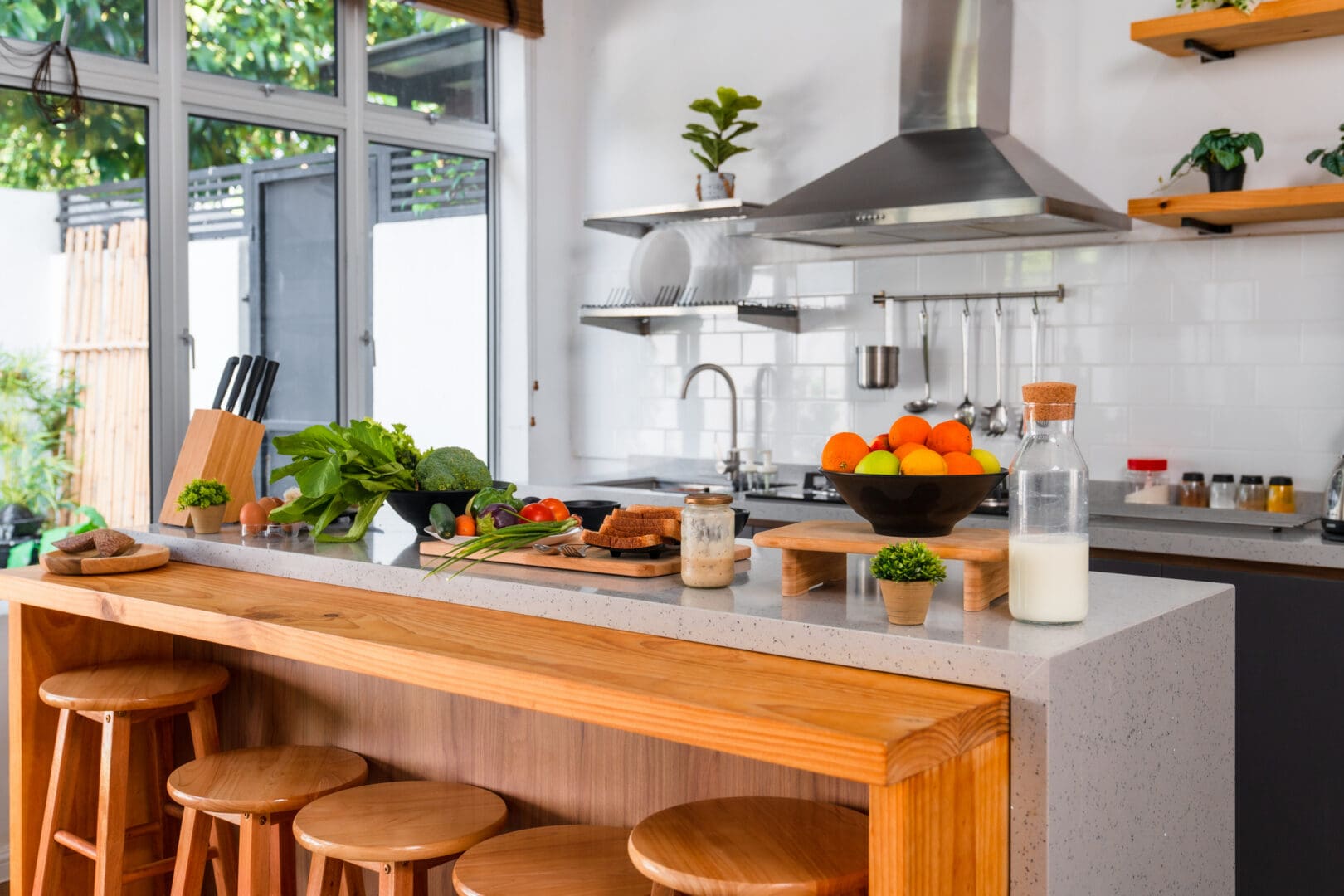 Bright kitchen interior with bar stools