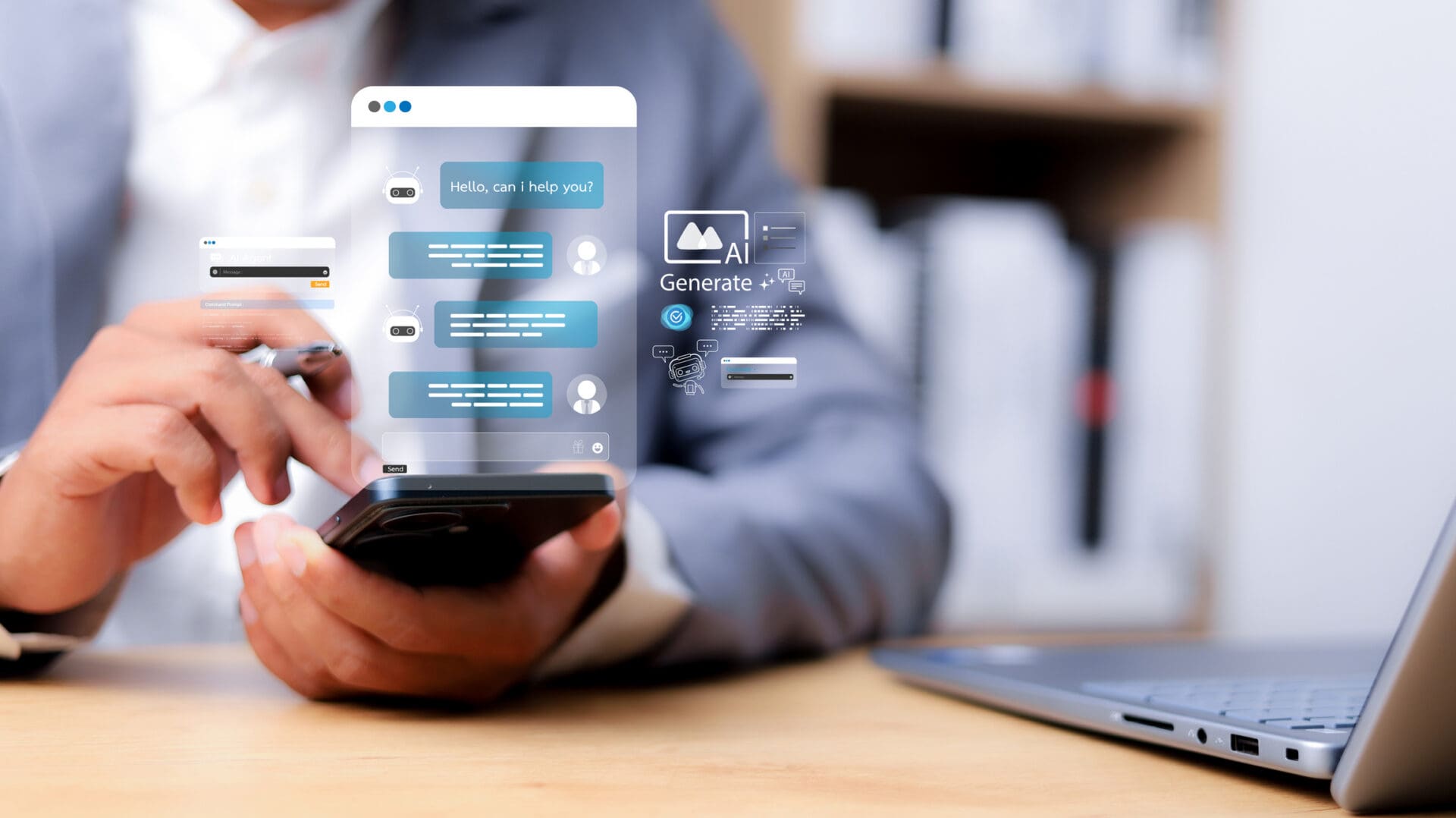Person using smartphone with digital chat interface