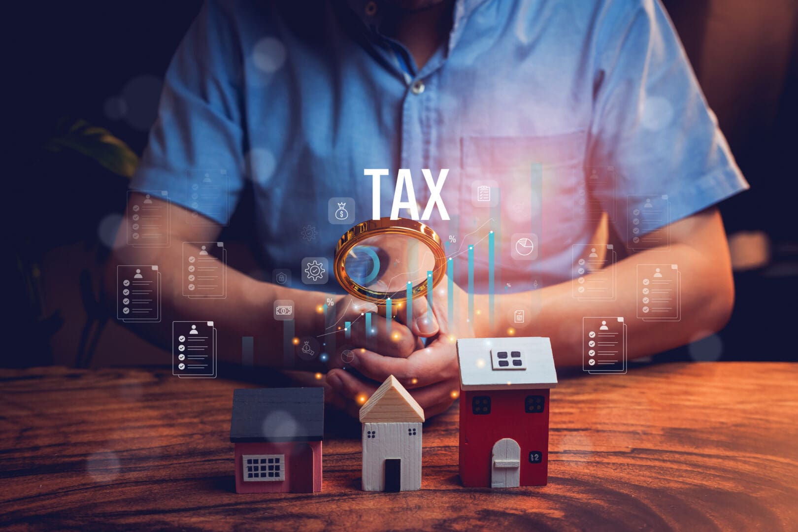 Tax concept with miniature houses and magnifying glass.