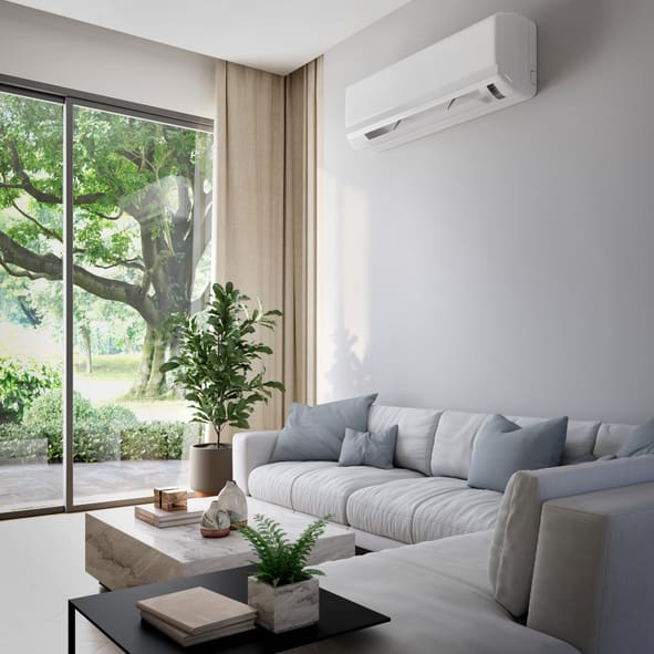 Modern living room with gray sofa and large window.