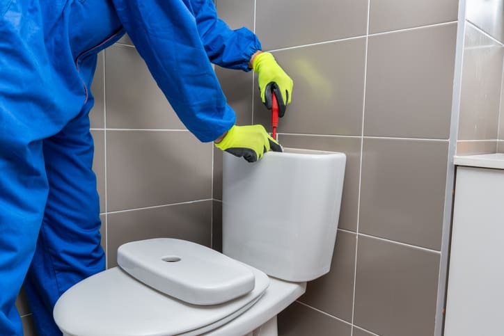 A person repairing a toilet tank with a screwdriver.