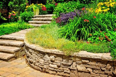 Stone retaining wall with a lush garden and stone steps.