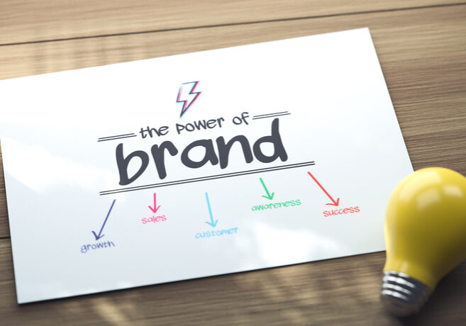 A handwritten note titled 'The power of brand' with colorful arrows pointing down.