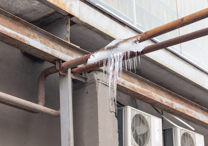 Icicles hanging from a rusty pipe under a bridge.