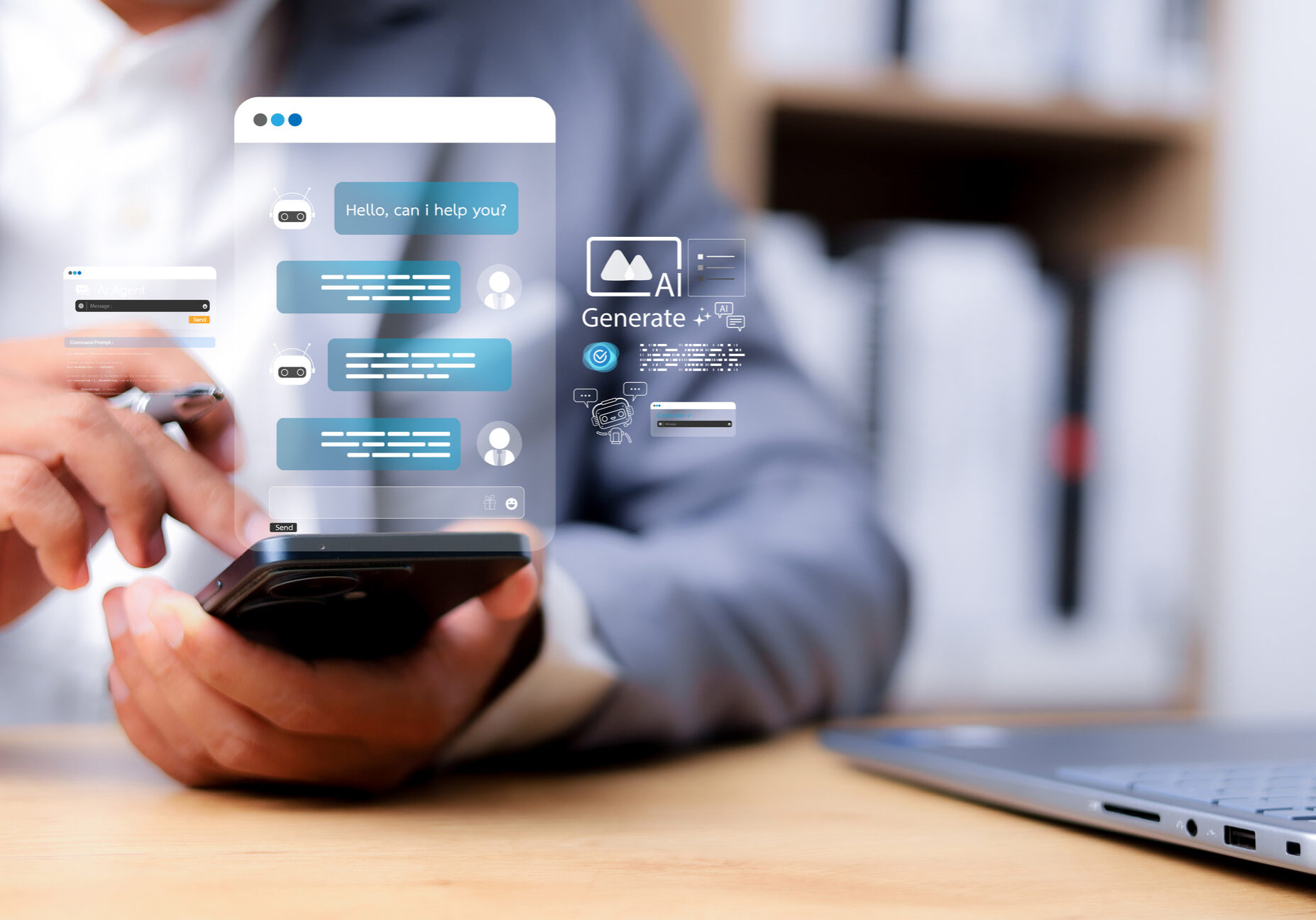 Person using smartphone with digital chat interface