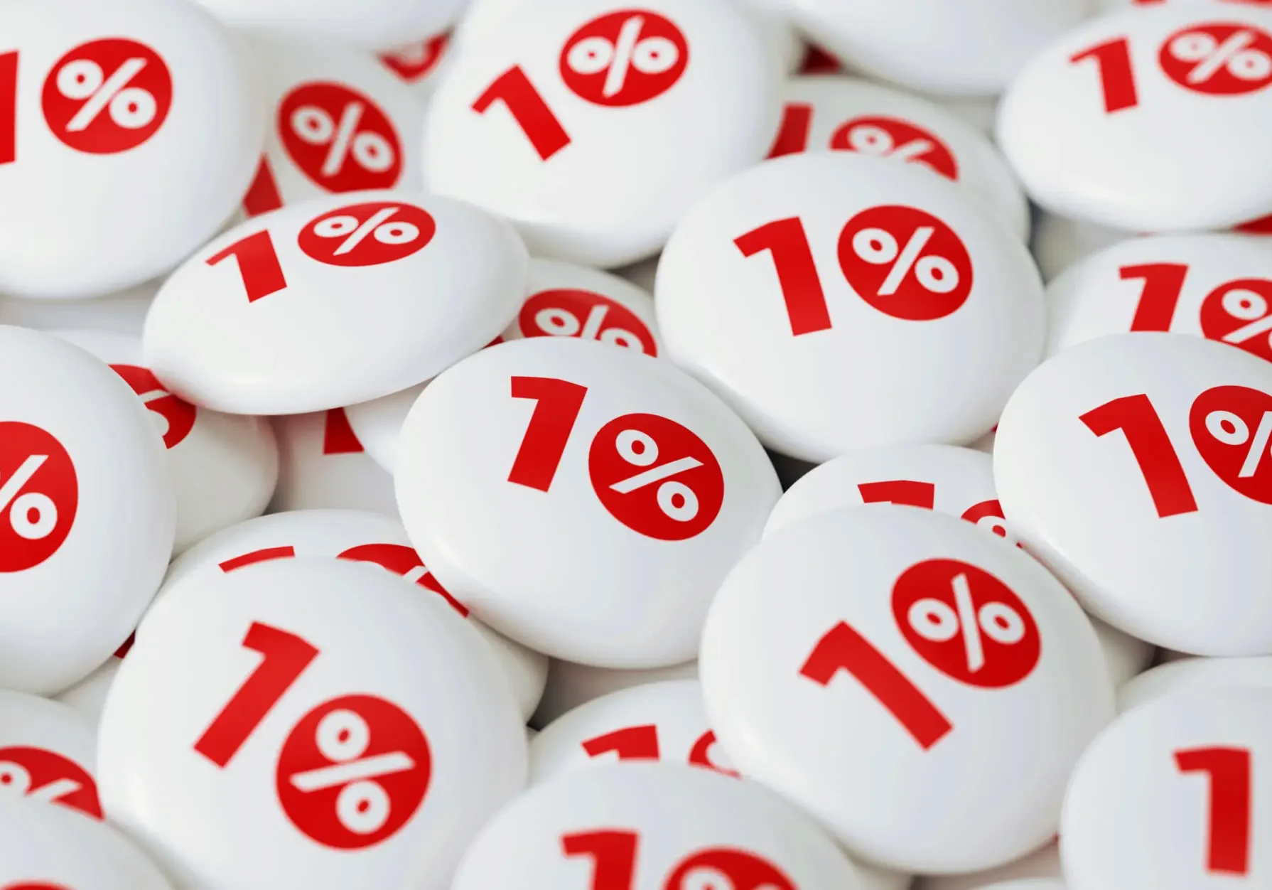 White buttons printed with red 1% symbols