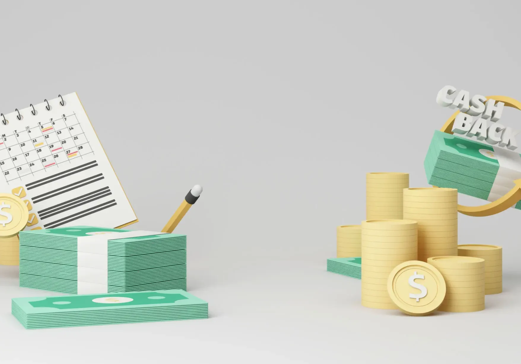 Stacks of money, coins, calendar, cashback sign