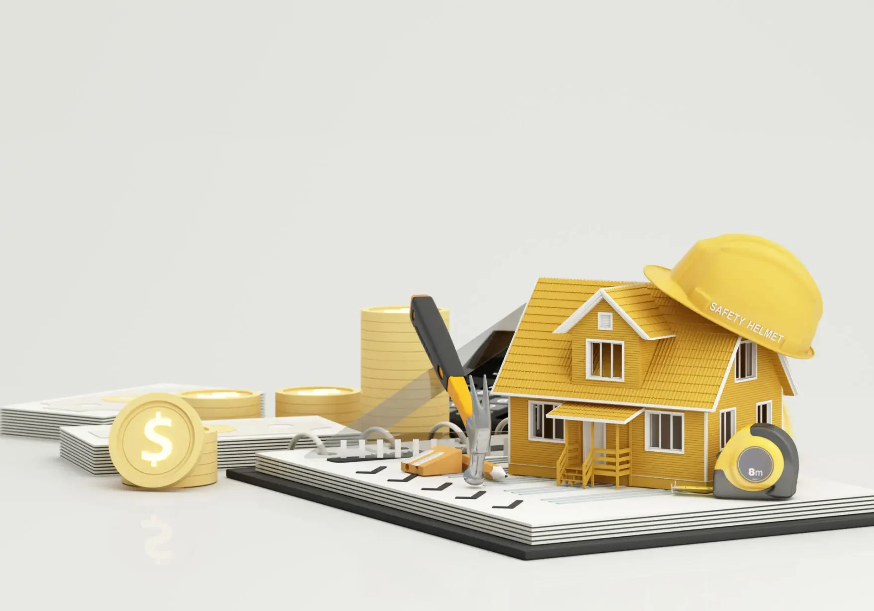 House model with construction tools and coins