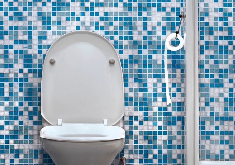 Toilet with white seat against blue mosaic tiled wall.