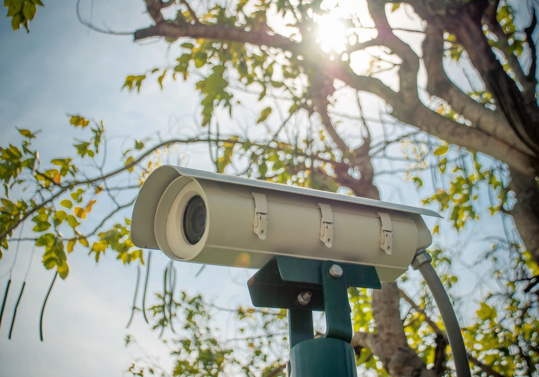 Security camera mounted outdoors on a sunny day.